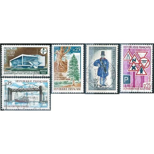 France 1968, Beaux Timbres Yvert 1548 Prévention Routière 1549 Journée Du Timbre 1554 Langues Vivantes À Royan 1561 Jumelage Foret Rambouillet Foret Noire 1564 Pont De Martrou À Rochefort, Obli, Tbe.