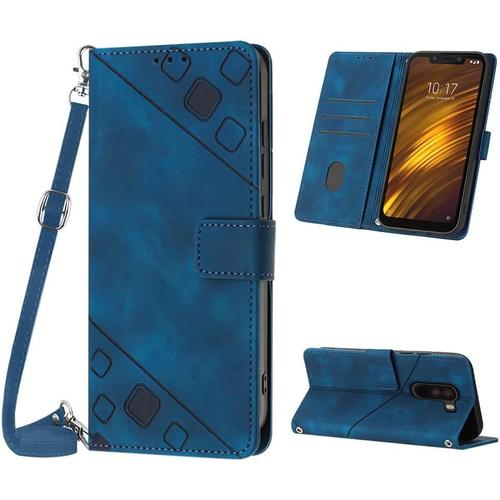 Mo-Bte Coque Pour Xiaomi Pocophone F1, Pu Leather Flip Portefeuille Étui En Cuir, [3 Porte Cartes] [Fermeture Magnétique] [Bandoulière Réglable] Coque Pour Xiaomi Pocophone F1 - Bleu