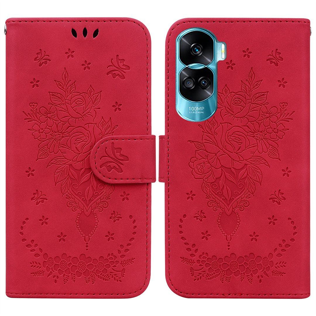 Saturcase Coque Pour Honor 90 Lite, Une Rose Pu Cuir Magnétique Flip Portefeuille Support Porte-Carte Dragonne Protecteur Housse Étui Pour Honor 90 Lite (Rouge)