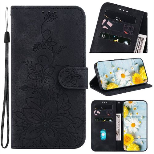 Saturcase Coque Pour Apple Iphone 12 / 12 Pro, Fleurs De Lys Pu Cuir Magnétique Flip Portefeuille Support Porte-Carte Dragonne Protecteur Housse Étui Pour Apple Iphone 12 / 12 Pro (Bh-Noir)