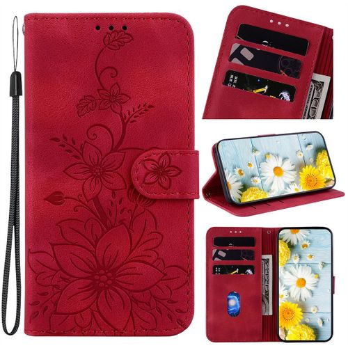Saturcase Coque Pour Apple Iphone Xs Max, Fleurs De Lys Pu Cuir Magnétique Flip Portefeuille Support Porte-Carte Dragonne Protecteur Housse Étui Pour Apple Iphone Xs Max (Bh-Rouge)