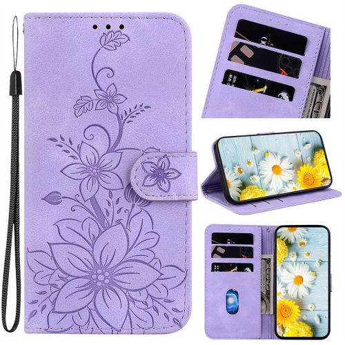 Saturcase Coque Pour Realme C21, Fleurs De Lys Pu Cuir Magnétique Flip Portefeuille Support Porte-Carte Dragonne Protecteur Housse Étui Pour Realme C21 (Bh-Violet)