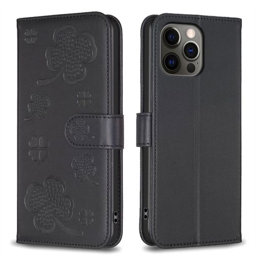 Saturcase Coque Pour Apple Iphone 12 / 12 Pro, Belle Trèfle Pu Cuir Magnétique Flip Portefeuille Support Porte-Carte Protecteur Housse Étui Pour Apple Iphone 12 / 12 Pro (Xy-Noir)