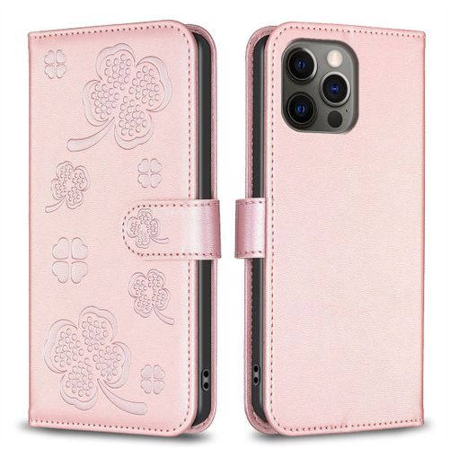 Saturcase Coque Pour Apple Iphone 12 / 12 Pro, Belle Trèfle Pu Cuir Magnétique Flip Portefeuille Support Porte-Carte Protecteur Housse Étui Pour Apple Iphone 12 / 12 Pro (Xy-Pink)