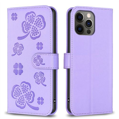 Saturcase Coque Pour Apple Iphone 12 / 12 Pro, Belle Trèfle Pu Cuir Magnétique Flip Portefeuille Support Porte-Carte Protecteur Housse Étui Pour Apple Iphone 12 / 12 Pro (Xy-Violet)