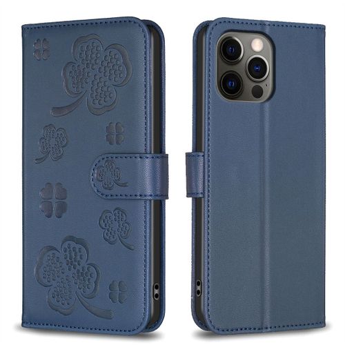 Saturcase Coque Pour Apple Iphone 12 / 12 Pro, Belle Trèfle Pu Cuir Magnétique Flip Portefeuille Support Porte-Carte Protecteur Housse Étui Pour Apple Iphone 12 / 12 Pro (Xy-Bleu)