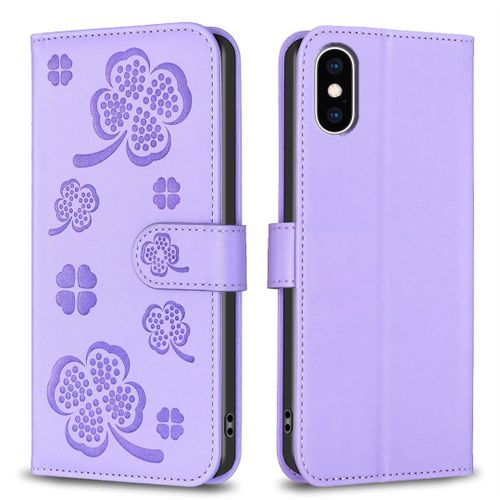 Saturcase Coque Pour Apple Iphone Xs Max, Belle Trèfle Pu Cuir Magnétique Flip Portefeuille Support Porte-Carte Protecteur Housse Étui Pour Apple Iphone Xs Max (Xy-Violet)