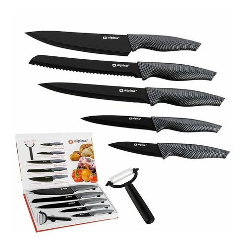 Alpina - Ensemble De 6 Couteaux De Luxe - Couteau Santoku, Couteau À Pain, Couteau À Découper, Couteau Universel, Couteau D'office Et Éplucheur - Acier Inoxydable - Revêtement Antiadhésif - Noir