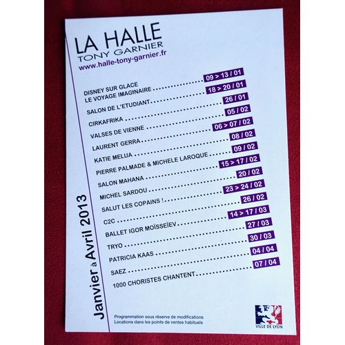Ancienne Carte Postale Publicitaire La Halle Tony Garnier. Lyon. 2013. Disney, Sardou, Salut Les Copains!