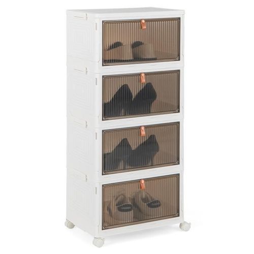 COSTWAY Boîte Rangement Plastique 4 Niveaux, 360° Roulette Verrouillable, Boîte à Chaussures avec Porte Magnétique Transparente
