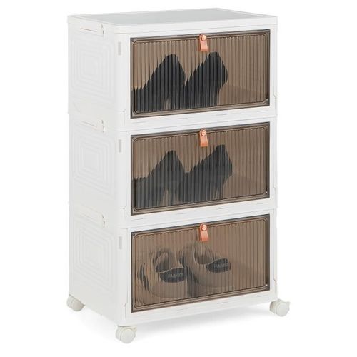COSTWAY Boîte Rangement Plastique 3 Niveaux, 360° Roulette Verrouillable, Boîte à Chaussures avec Porte Magnétique Transparente