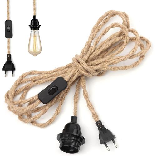 Lustre Corde de Chanvre Cable 4.5m, Douille E27 Interrupteur Fil Cable , Pour DIY Lampe Suspension Lumière Pendante Industrielle Lustre Douille Fil Electrique Vintage (Ampoule non incluse)