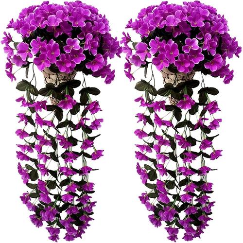 Lot de 2 paniers de glycine artificielles, fleurs de vigne artificielles pour panier suspendu, fleurs suspendues, fleurs de simulation, bouquet de mariage, maison, extérieur, D violet