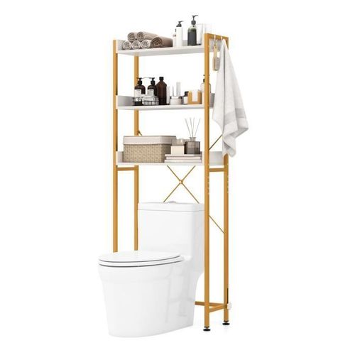 Costway Meuble Wc Au-Dessus Des Toilettes À 3 Niveaux, 4 Crochets, Barre Réglable, Pour Salle De Bain, 63 X 24 X 164 Cm, Blanc