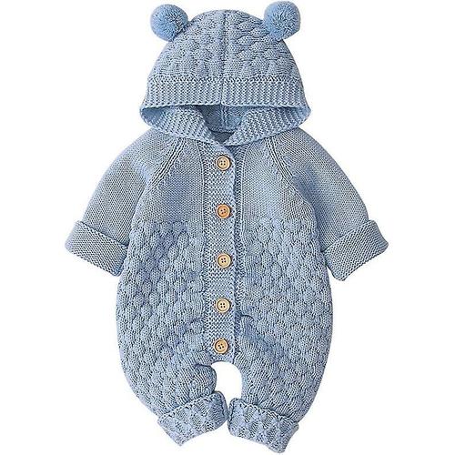 Barboteuse tricotée à capuche pour bébé, combinaison pour nouveau-né fille et garçon, pull chaud, tenue 80cm, bleu clair