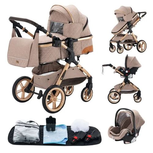 Poussette 3 En 1 Bébé Combinée Siège-Auto Nacelle Trio Réversible Réglable Haute Qualité Roues Increvables Canne Khaki