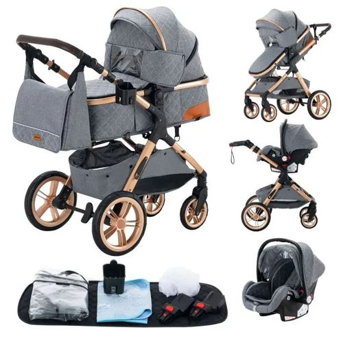 Poussette 3 En 1 Bébé Combinée Siège-Auto Nacelle Trio Réversible Réglable Haute Qualité Roues Increvables Canne.Babystrollers.Bleugris.