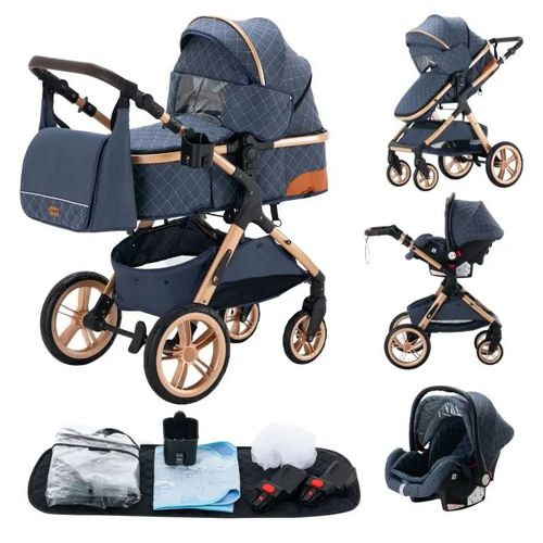 Poussette 3 En 1 Bébé Combinée Siège-Auto Nacelle Trio Réversible Réglable Haute Qualité Roues Increvables Canne.Babystrollers.Bleu