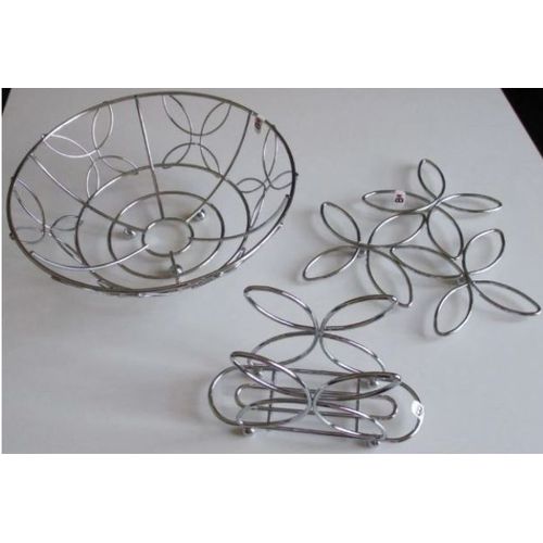 Ensemble En Métal Gris Pour La Cuisine Composé De Corbeille (Diamètre 23.5cm) + Dessous De Plat (21x19cm) + Porte Toast Ou Serviettes (15x10cm) Assortis - Pieds En Petites Boules- Utiles Et Décoratifs