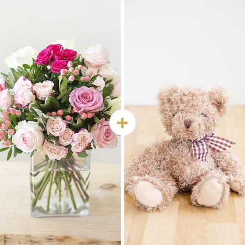 Vanille Fraise Et Son Ourson - Bouquet De Roses - Livraison Fleurs Interflora