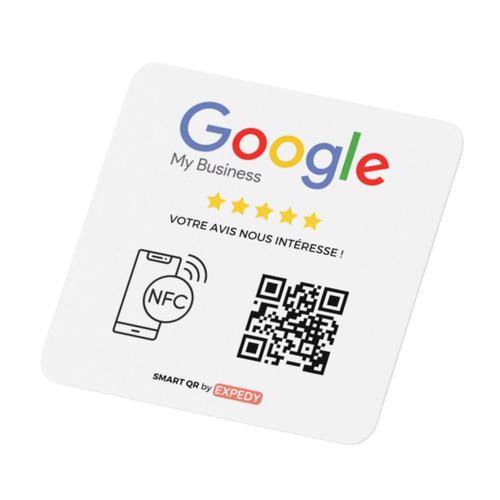 Plaque Google Avis Review – QR Code - Puce NFC RFID sans contact – Adhésive Vitrine Comptoir Table Restaurant Commerce – PVC 14x14cm – NPGG14