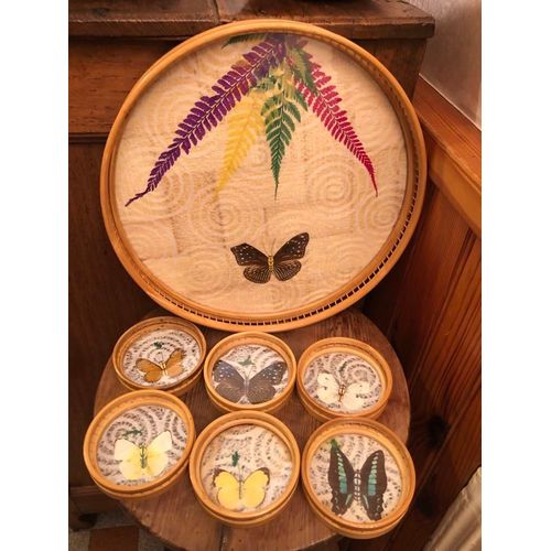 Ancien Service Plateau Et Dessous De Verre Papillons