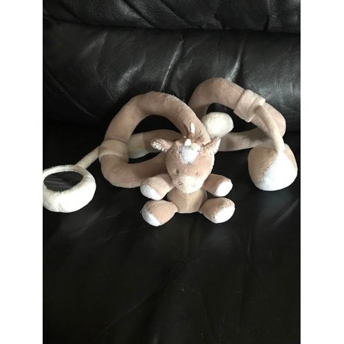 Doudou Peluche Spirale D Activité Vache Marron Et Bleu Balle Et Miroir 