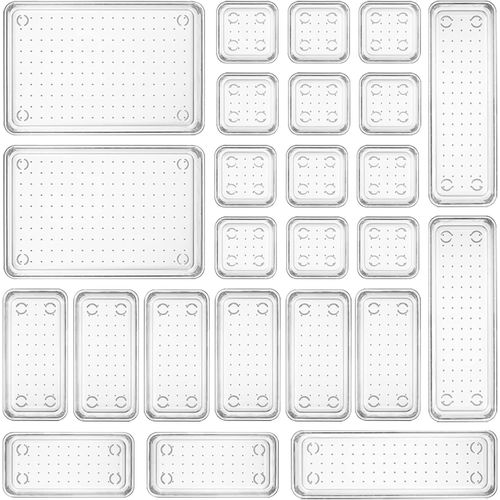 Lot De 25 Organisateurs De Tiroir En Plastique Transparent 4 Tailles Pour Salle De Bain Et Coiffeuse - Bacs De Rangement Pour Maquillage, Bijoux