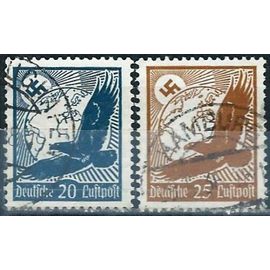 Allemagne, 3ème Reich 1934, Beaux Timbres De Poste Aérienne Yvert 46 Et 47, Grand Aigle, Globe Terrestre Et Croix Gammée, 20pf Ardoise Et 25pf. Bistre Brun, Oblitérés, Tbe.