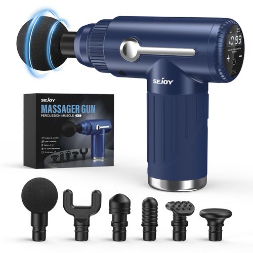 Sejoy Pistolet De Massage Musculaire Professionnel Avec 6 Têtes De Massage, Masseur De Muscle Pour Récupération De Fatigue 10 Niveaux Réglables - Bleu