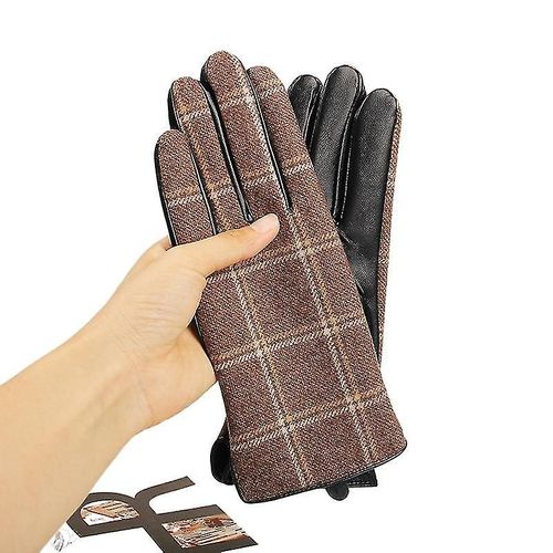 Automne Et Hiver Cuir Laine Écran Tactile Femmes Rembourré Chaud Court Plaid Gants Taille Unique Kaki Anglais