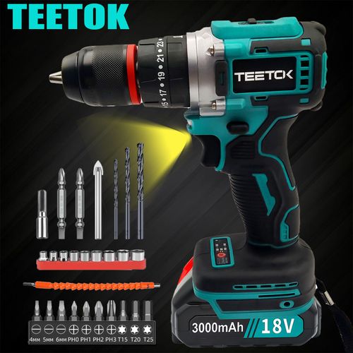 TEETOK Brushless Perceuse sans fil portable 18V-100Nm électrique Visseuse tournevis perforateur Kit combinée pour maison bricolage DIY Avec LED+19Accessoires+Batterie3.0Ah+Chargeur,Compatible Makita