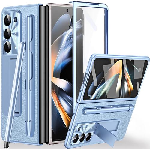 Coque De Protection En Cuir De Luxe Pour Samsung Galaxy Z Fold 5, Compatible Avec Stylet. Offre Une Protection De L'écran Avant Et Un Support. Design Fin Et Élégant En Bleu.