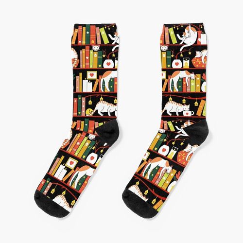 Chaussettes Taille Unique Bibliothèque Cats - Version De La Couleur D'automne Nouveauté Fantaisie Motif Fou Équipage Décontracté Pour Hommes Femmes