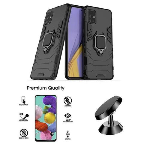 Kit De Verre Trempé 5d Full Cover + Coque 3x1 Military Defender + Support Magnétique De Voiture Pour Samsung Galaxy A51 5g