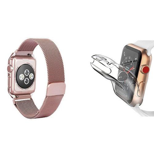 Kit Bracelet Milanese Loop Fermoir Magnétique + Coque 360° Impact Protection Pour Apple Watch Series 3 - 42mm - Rose