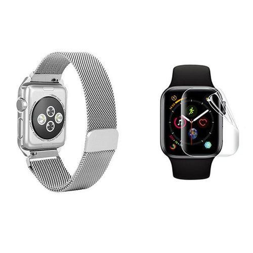 Kit Bracelet Milanese Loop Fermoir Magnétique + Film De Gel À Coque Complète Pour Apple Watch Series 3 - 42mm - Gris