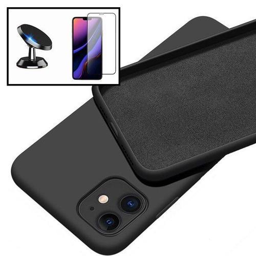 Kit Verre Trempé 5d Full + Coque Silicone Liquide + Support Magnétique De Voiture Pour Iphone 12 Mini