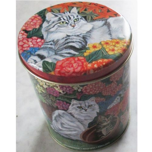 Boite Métallique Cylindrique Décorée De Beaux Chats-Garden Cats De Megan Dickinson Avec Mention Sugar (Sucre)-Belles Couleurs Lumineuses-Bumbridge Bedford England-Hauteur 14cm-Diamètre 11cm