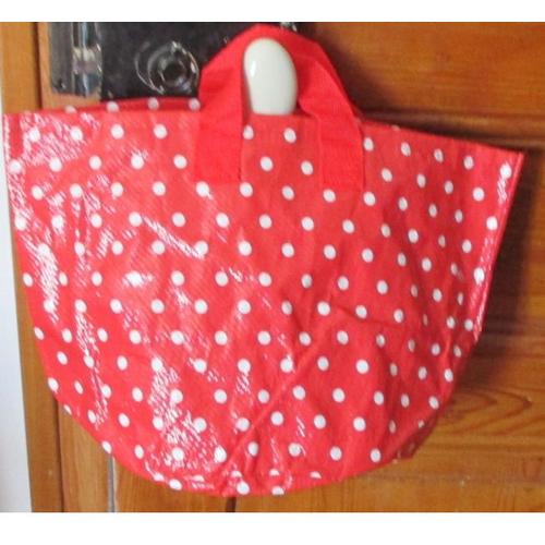 Sac léger rouge à pois blancs-fond rond diamètre 24 cm-hauteur 24 cm-2 mini anses de portage-100%polypropylène imperméable-non doublé-pour ranger ouvrage de tricot ou broderie ou simple sac d'appoint