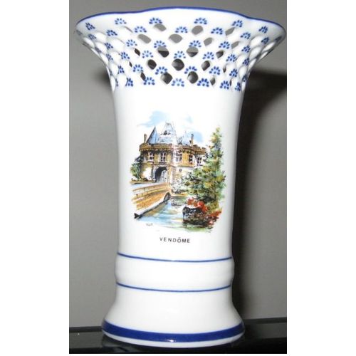 Petit vase blanc à encolure ajourée à l'effigie de Vendôme (Loir et Cher)-hauteur 15cm-céramique Nem décor France