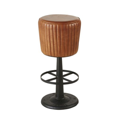 Tabouret De Bar Matelassé En Cuir De Buffle Marron Et Acier Noir H78