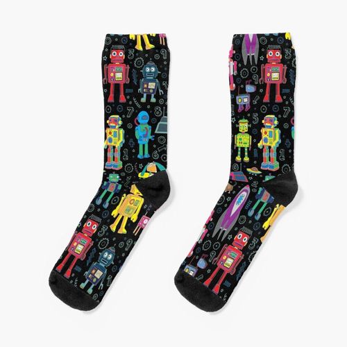 Chaussettes Taille Unique Robots In Space - Black - Fun Pattern Par Cecca Designs Nouveauté Fantaisie Motif Fou Équipage Décontracté Pour Hommes Femmes
