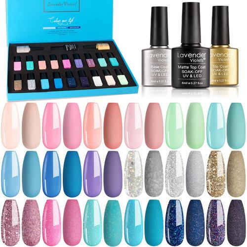 Vernis Gel Semi Permanent Ongles Gel Uv Led Soak Off Manucure Nail Art 21 Pcs Kit La Saint Valentin Cadeaux Nail Polishes Couleurs Paquet Cadeau Base,Brillant Meulage Top Coat Lot 986 