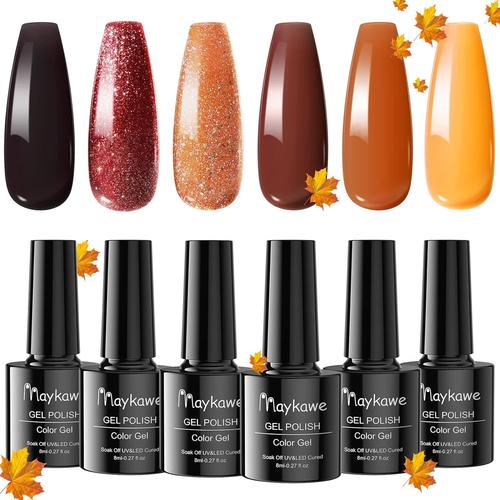 Vernis Semi Permanent Orange, 6 Automne Hiver Couleurs Citrouille Jaune Caramel Vin Rouge Paillet¿¿ Vernis ¿¿ Ongles Gels Semi-Permanents, Soak Off Uv Led Nail Art Thanksgiving No?L Gift