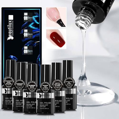 Beautilux Top Coat Semi Permanent, 6 * 10 Ml Top Coat Gel Uv Primer-Ruber Base-Rubber Top-Matte Top-Base Builder-Rhinestone Gel, Base Et Top Coat Vernis Semi Permanent Finition Vernis ¿¿ Ongles Gel 