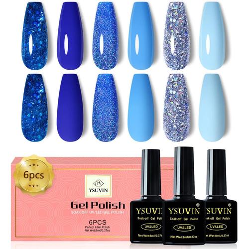 Vernis Semi Permanent Bleu, 6 Couleurs D'¿¿t¿¿ Fantaisie Bleu S¿¿rie Diamant Brillant Militaire Azure Tibetan Soak Off UV Vernis ¿¿ Ongles Pour Bord Mer/Vacances/Tourisme/Saison Scolaire