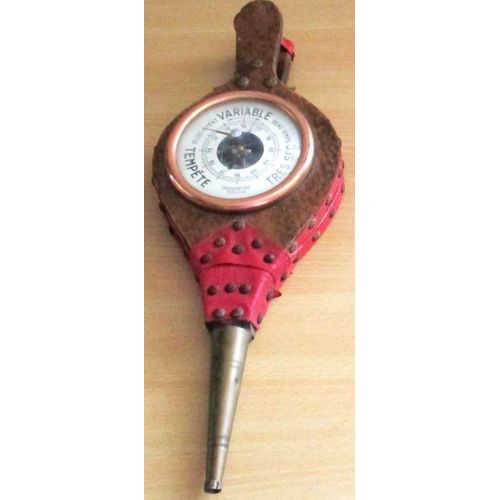 Baromètre soufflet décoratif ancien - bois et métal, partie soufflet cuir rouge - hauteur totale 35cm - diamètre cadran 12cm - stocké en grenier depuis plus de 40 ans : fiabilité non garantie