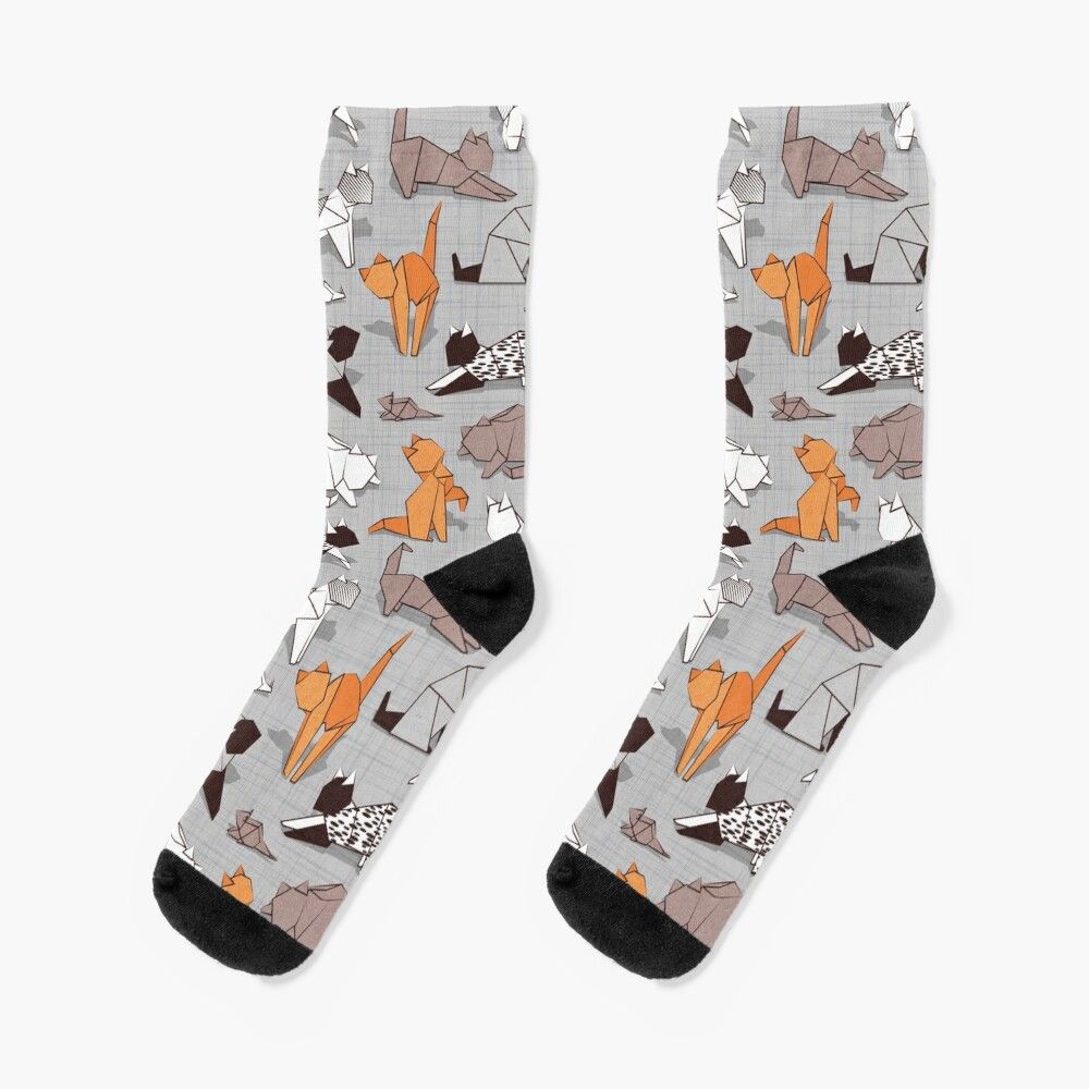 Chaussettes Taille Unique Origami Chaton Amis Gris Lin Texture Papier Chats Nouveauté Fantaisie Motif Fou Équipage Décontracté Pour Hommes Femmes