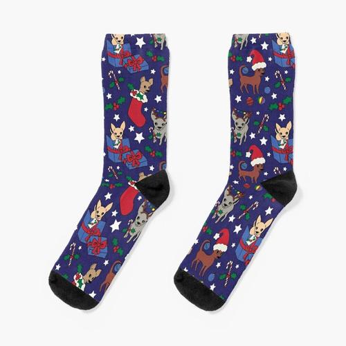 Chaussettes Taille Unique Noël Chihuahua Chihuahuas - Bleu Marine Nouveauté Fantaisie Motif Fou Équipage Décontracté Pour Hommes Femmes